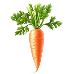 A Single Carrot with Green Tops Isolated on White Background