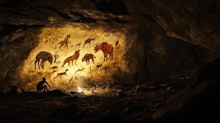 Cave paintings showcase ancient animals and human figures, revealing early artistic expression amid the flickering torchlight
