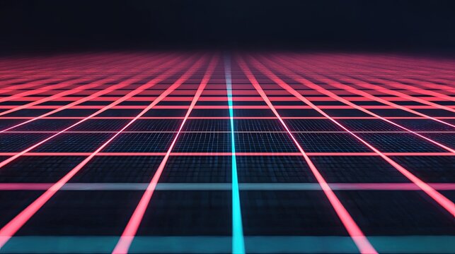Dark mode interface, neon accents and grids, 3D illustration