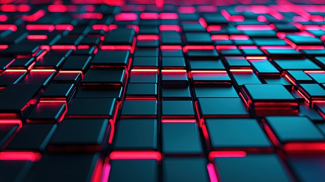 Dark mode interface, neon accents and grids, 3D illustration