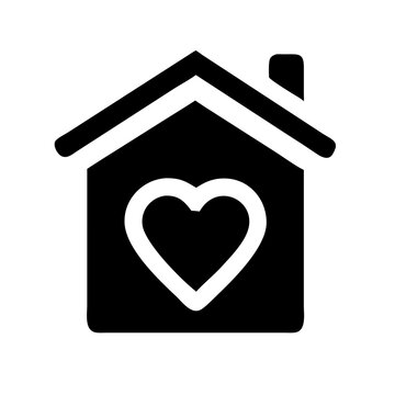 House icon with heart symbol, black and white minimalist design representing love and home