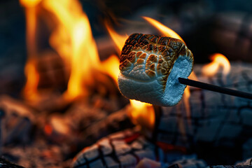 close up of grilling marshmallow on the fire