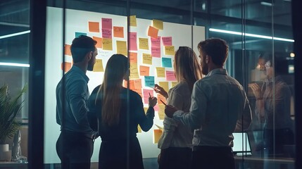 Obraz premium A group of executives in a modern glass-walled office, brainstorming and jotting down ideas on sticky notes placed on a large board