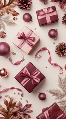 Fototapeta premium Festive Christmas Instagram story background with burgundy and pink gift boxes and metallic decorations