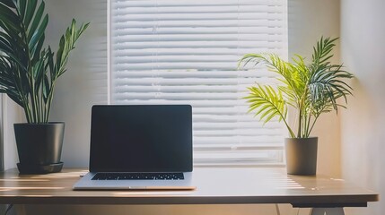 Fototapeta premium A minimalist office setup with a sleek desk, laptop, and potted plant, emphasizing a clean and clutter-free workspace