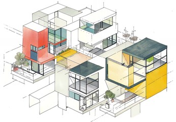 A colorful, detailed architectural illustration of a modern home, composed of different geometric shapes with outdoor patios, windows, balconies and plants.