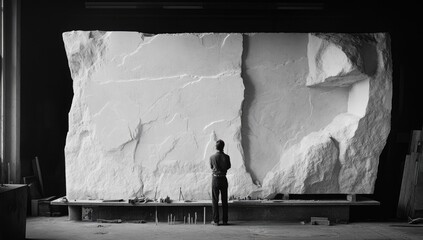 Man stands before large, rough, white rock.