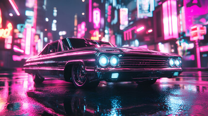 Impala 67 cyberpunk style with a neon city in the back ground,unreal engine 5