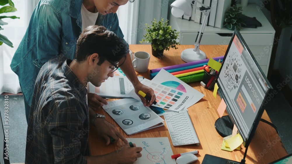 Poster top view of project manager looking at screen while designer writing idea. close up of smart busines