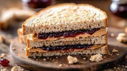 A peanut butter and jelly sandwich made with thick, rustic bread, cut in half to show the layers of creamy peanut butter and vibrant grape jelly, with crumbs scattered on a wooden board