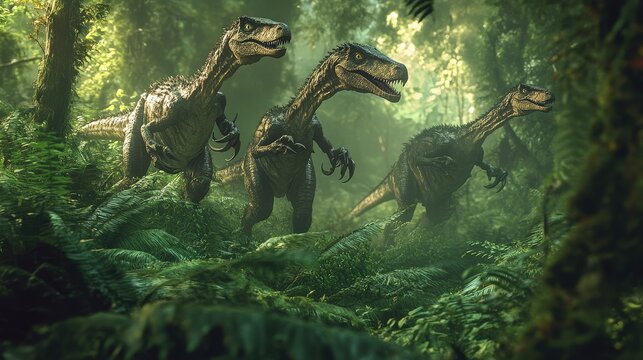 A pack of Troodon moves through dense ferns, stalking their prey with focused attention in a vibrant prehistoric environment