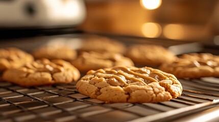 A peanut butter cookie with a crisscross pattern on top, fresh out of the oven with a golden-brown color, set on a cooling rack with a warm, inviting kitchen background