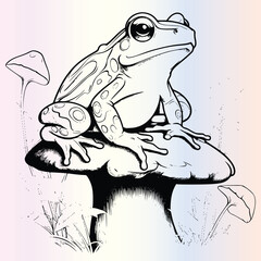 Frog Sitting On Mushroom Coloring Page Drawing For Kids 