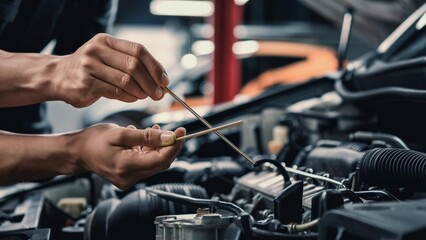 Close-up shot of a car mechanic checking the oil in the engine of a vehicle. Technician inspecting and maintaining the engine of a car. Mechanic inspecting car engine.