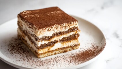 A slice of tiramisu on a white plate.