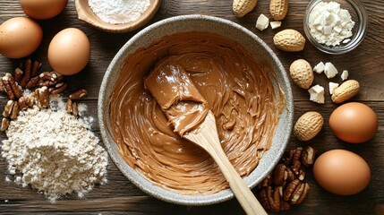 A rustic kitchen scene with a peanut butter-coated spatula resting on a mixing bowl, surrounded by baking ingredients like flour, sugar, and eggs on a wooden table