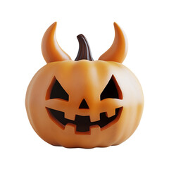 Devil pumpkin with a Jack-o&rsquo;-lantern face and horn: Halloween character in cute 3D render, Isolated on Transparent Background, PNG