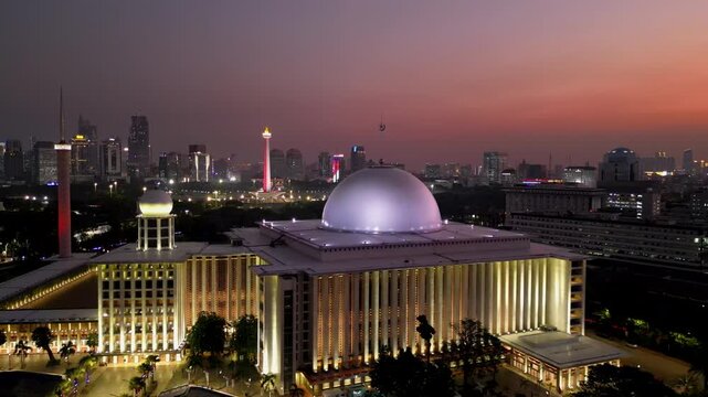 Beautiful aerial view of Istiqlal Mosque at dusk