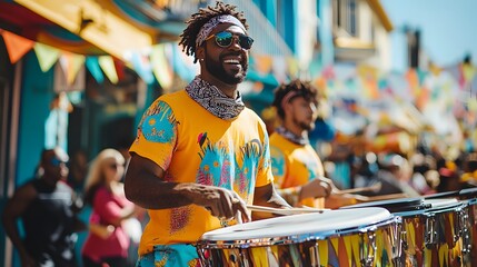 Man drumming at a lively outdoor festival in colorful attire