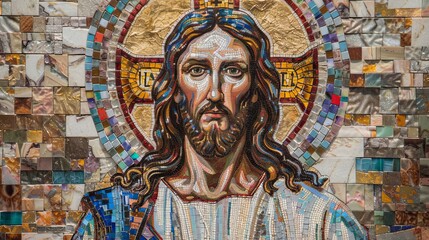 Obraz premium Mosaic Portrait of Lord Jesus with Intricate Tiles and Vibrant Colors