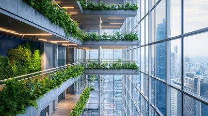 Vegetated skyscraper in Paris, France 3d render of interior of office coffee shop Green office, Generative Ai