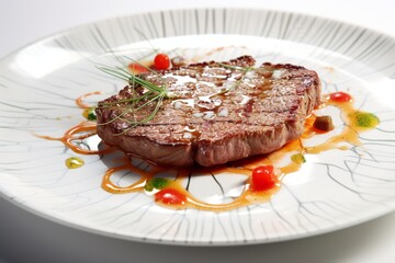Succulent meat steak served on a pristine white plate, ideal for food concept backgrounds