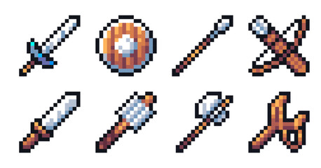 Set of pixel art weapons for game assets. Icons for 8bit 2d retro games