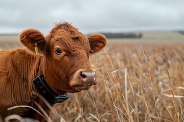 Smart collar-equipped cattle grazing in a field under overcast skies