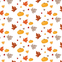 Seamless colorful autumn pattern with yellow pumpkins, orange maple leaves and flowers on white background for banner, wallpapers, fabrics, packaging