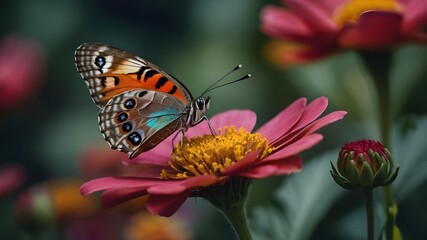 Obraz premium A stunning butterfly with iridescent wings, delicately perched on a vibrant flower petal.