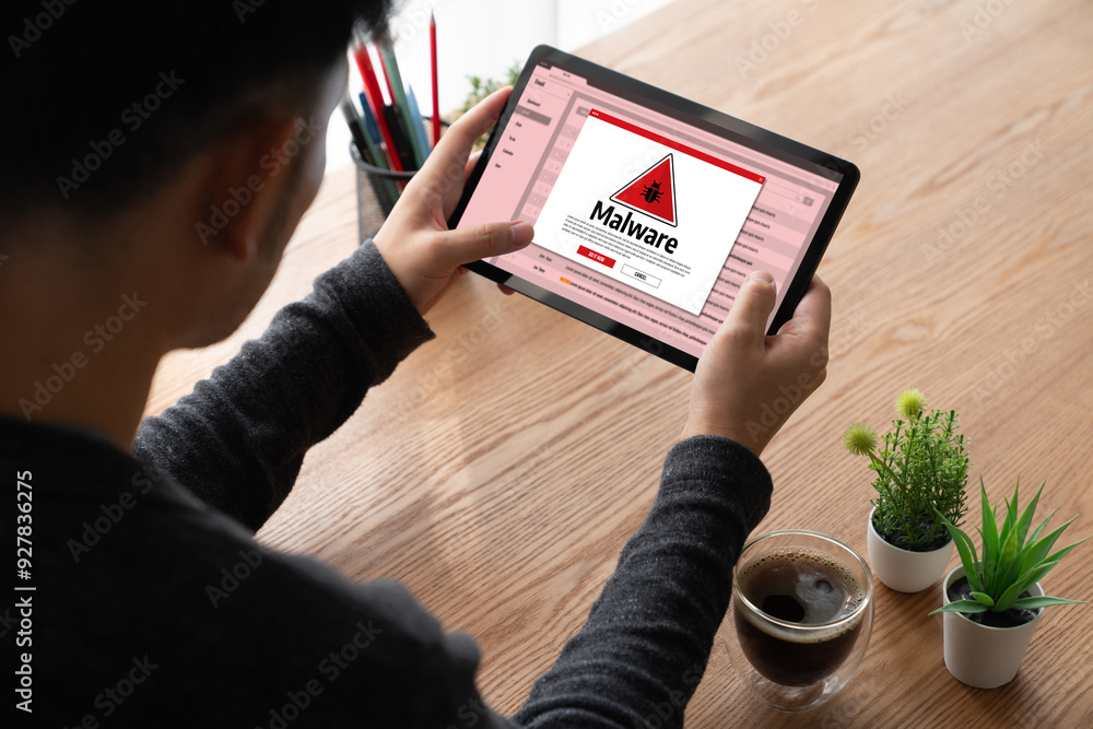Poster cyber attacking concept. malware alert showing on computer screen display scam and threat detection 