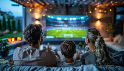 A family of three is watching a soccer game on a television in a living room. The man is wearing a gray shirt and the woman is wearing a brown jacket