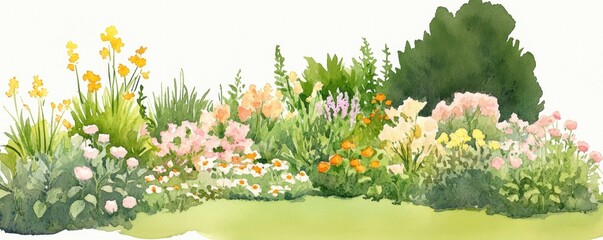 A vibrant watercolor illustration showcasing a lush flower garden bursting with color and life. watercolor Style