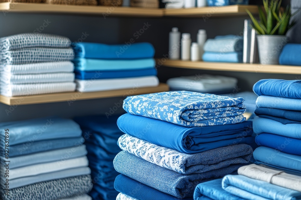 Aufkleber stack of neatly folded casual wear in a retail store displaying a range of pastel colors and texture