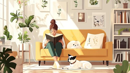Woman reading on couch with dog and plants.