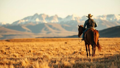 A cowboy rides a horse through a rural area, framed by a scenic view of mountain layers.






