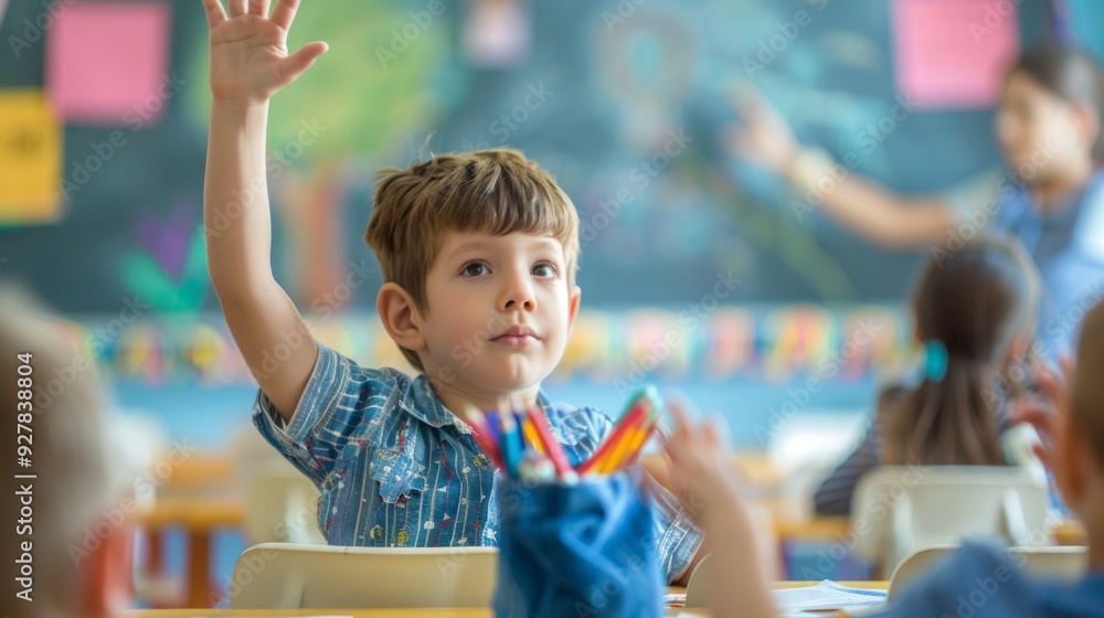 Poster a child sits at a desk, raising their hand to participate in class while classmates look on intently