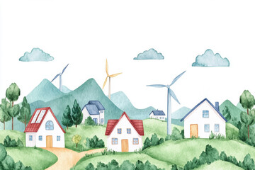 Charming watercolor illustration of houses, mountains, and wind turbines in a tranquil rural landscape. watercolor Style