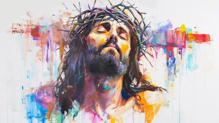 Abstract Oil Painting of Jesus Christ with Crown of Thorns and Colors