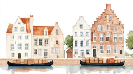 Fototapeta premium Charming waterfront scene featuring colorful houses and boats, perfect for travel or lifestyle themes. watercolor Style