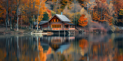 Fototapeta premium Cabin by Autumn Lake