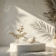 Blank Cream White Cement Curve Podium with Leaf Shadows and Dappled Sunlight for Skincare Product Display - 3D Render