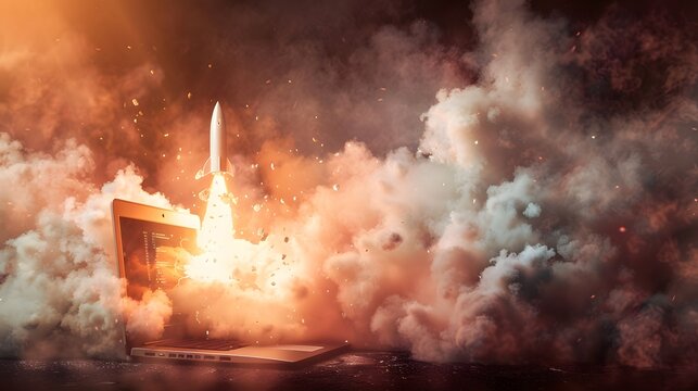 A realistic 3D render of a laptop with a rocket launching from the screen, accompanied by an explosion effect. - Powered by Adobe