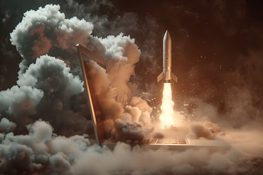 A realistic 3D render of a laptop with a rocket launching from the screen, accompanied by an explosion effect.