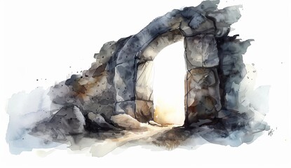 Fototapeta premium Ancient Tomb with Open Stone Door Illuminated by Soft Light.