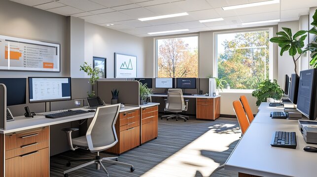 A tech company's office space with high-tech workstations, dual monitors, and an emphasis on functionality and design