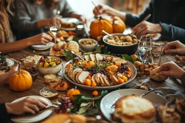 Fototapeta premium Family gathering enjoying a festive autumn meal with pumpkins and seasonal dishes around a wooden table