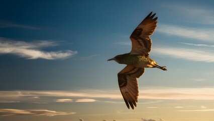 Kakapo Bird Flying Under Blue Sky Background, Realistic Photo, Wallpaper, Cover and Screen for Smartphone, Cell Phone, Computer, Laptop