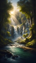 a waterfall gushing down a rocky cliff, surrounded by lush greenery, sunlight filtering through the trees