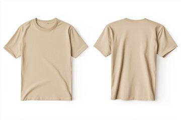 Beige empty blank front and back side t-shirt mockup template close up detail on white background, close up detail.